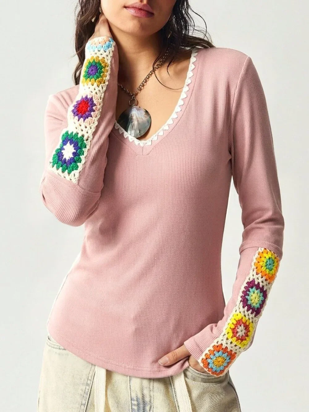 Pink Casual Women's Vacation Knitted V-Neck Long Sleeve Fitted Washed T-Shirt